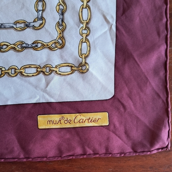 Authentic Must De Cartier (Carré De Soie)Burgundy and Gold Patterned Silk Scarf. - Picture 6 of 6